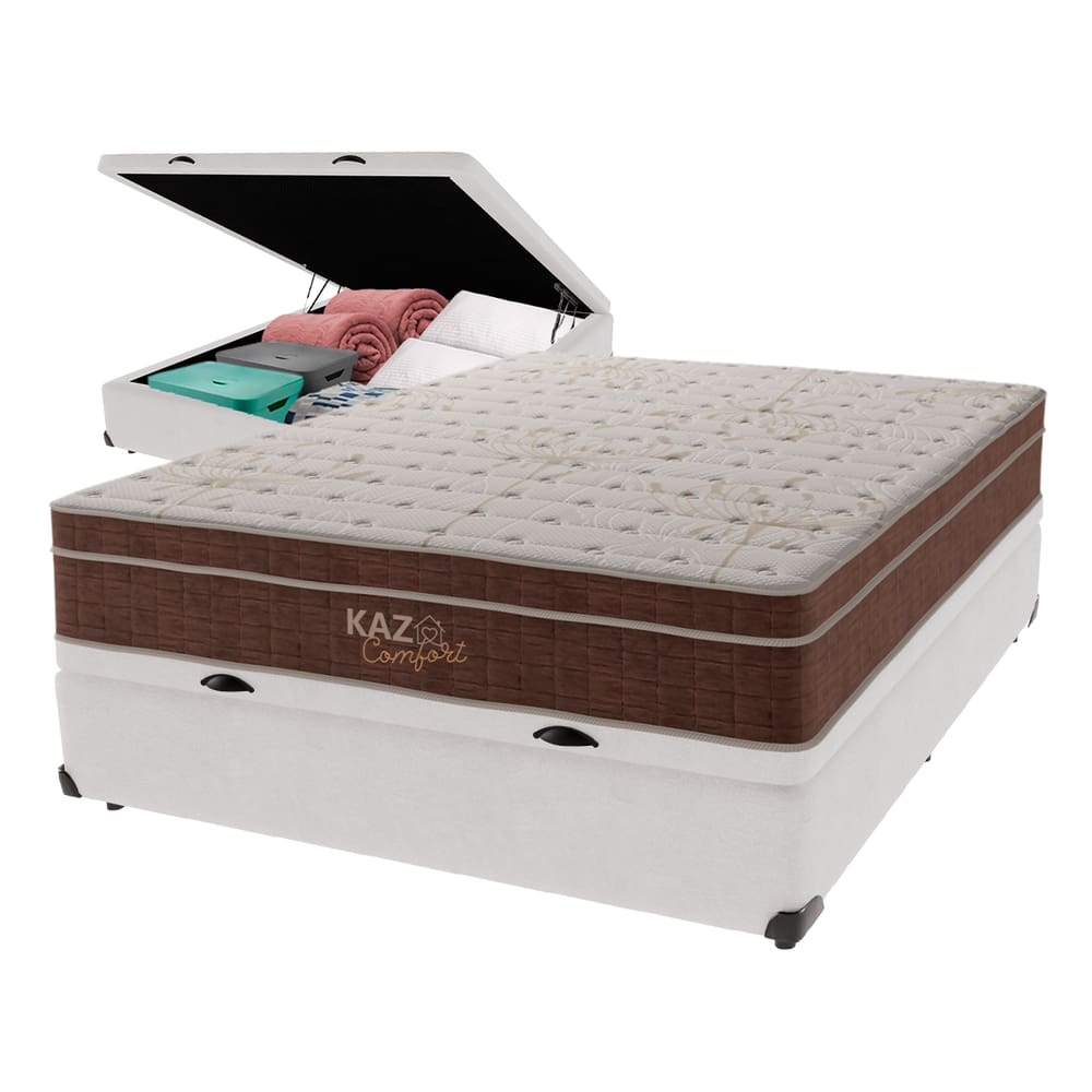 Cama + Box Baú e Colchão Kaza Comfort de Molas Ensacadas