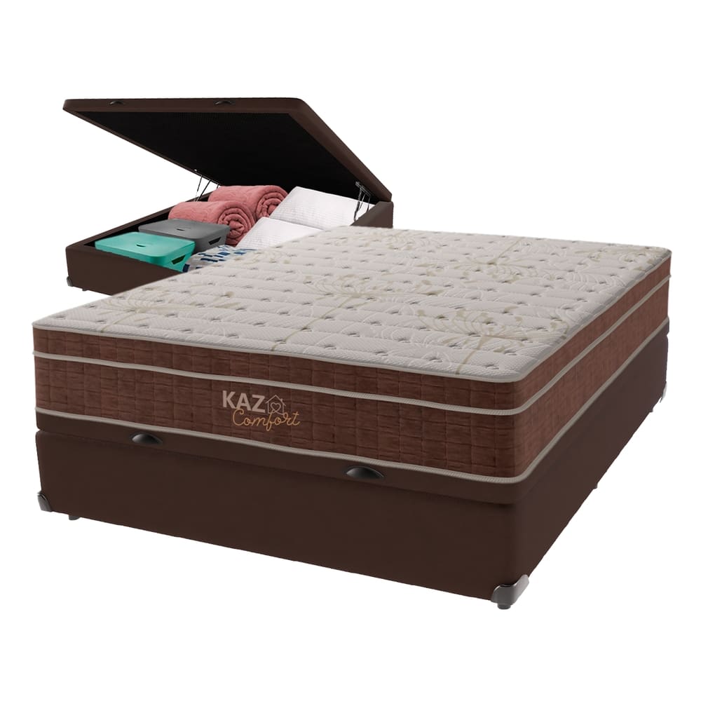 Cama + Box Baú e Colchão Kaza Comfort de Molas Ensacadas