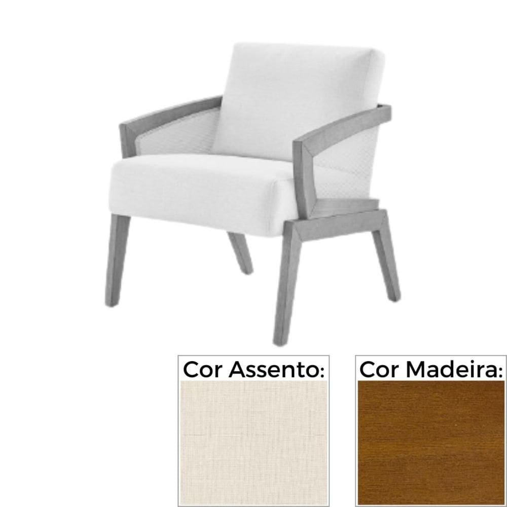 Poltrona MH-3780 Madeira Lateral Palha Amêndoa Assento Estofado em Linho Creme 2414 C