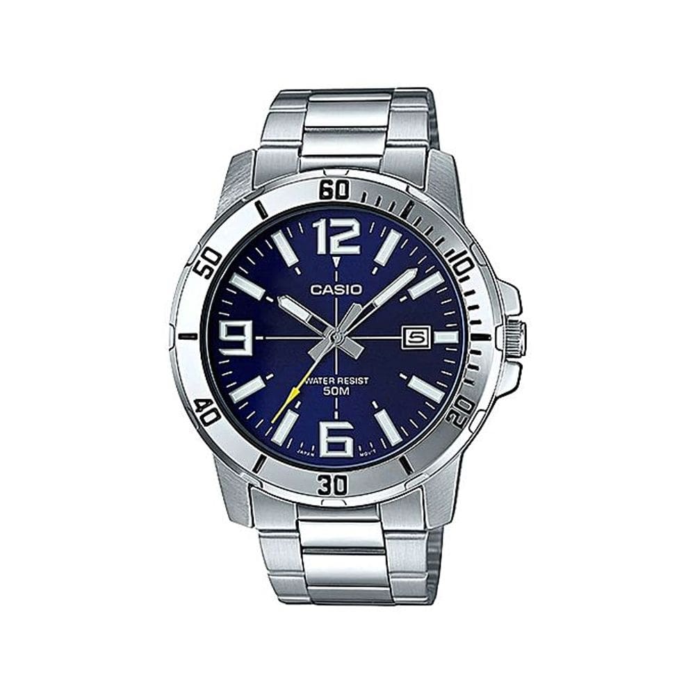 Relógio masculino casio prata fundo azul analógico com data