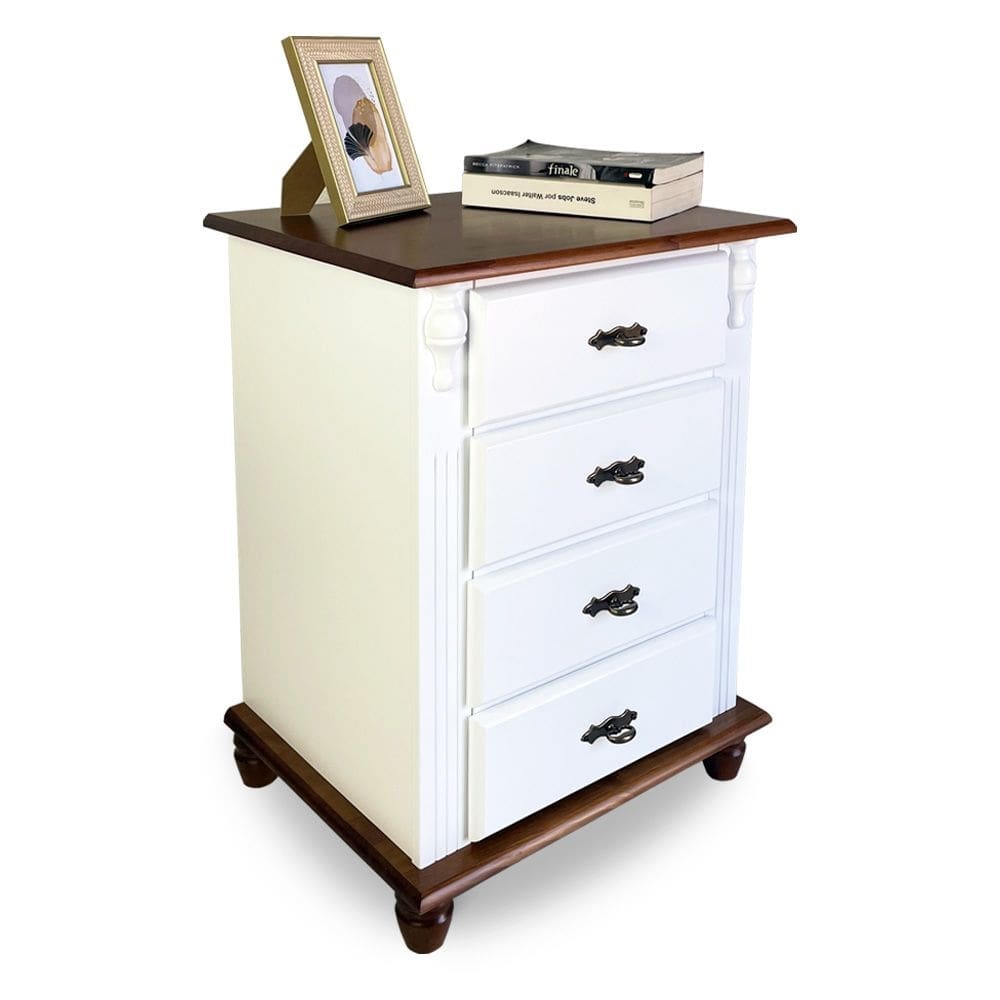 Mesa de Cabeceira Florença 4 Gavetas Tampo e Pés Madeira - Laca Branca/Imbuia