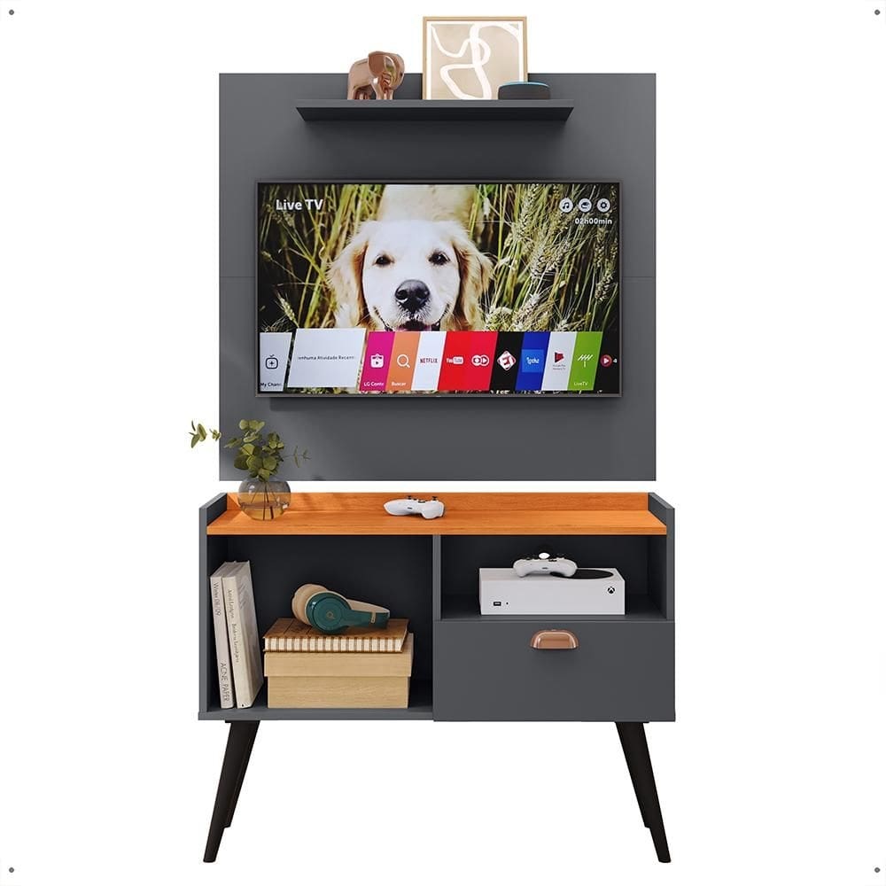 Kit Sala Estar Completa Painel Tv 32 Polegadas Prateleira Suspensa Rack Retrô 1 Porta Puxador Concha Cinza/Cinamomo - Lojas RPM