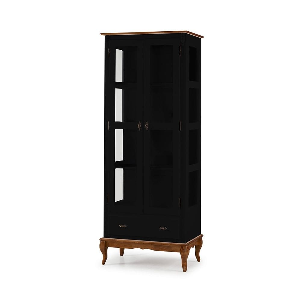 Cristaleira 2 Portas e Laterais em Vidro 1 Gaveta Pés Luis XV Sevilha- Laca Preto/ Imbuia