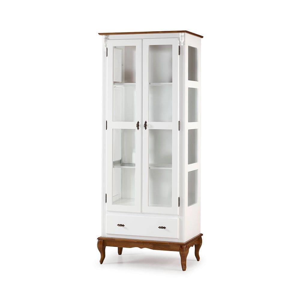 Cristaleira 2 Portas e Laterais em Vidro 1 Gaveta Pés Luis XV Sevilha - Laca Branca/ Imbuia