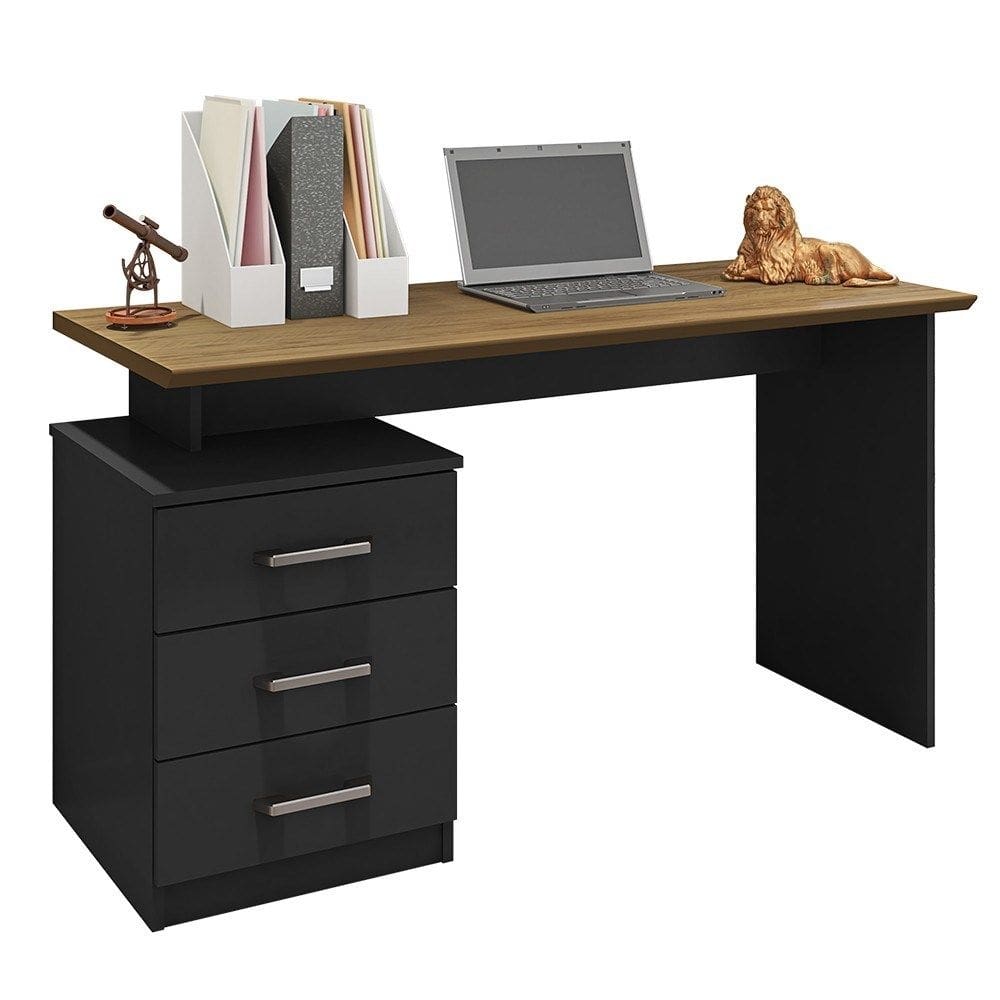 Mesa Home Office Notebook 136cm 3 Gavetas Flay Preto Trama/Freijó - Móveis Leão