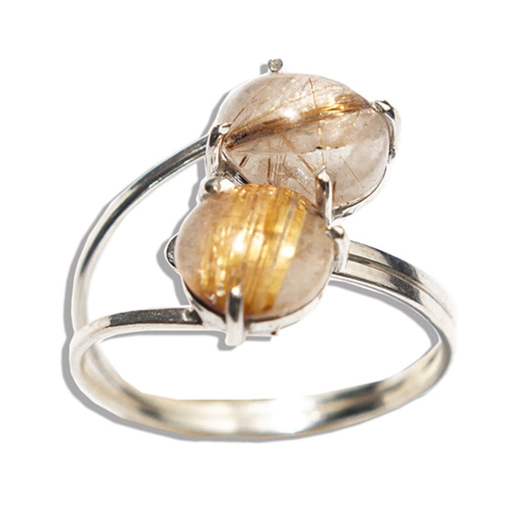 Anel Nlux 2 Gemas Pedra Rutilo Natural Prata 950 Ajustável