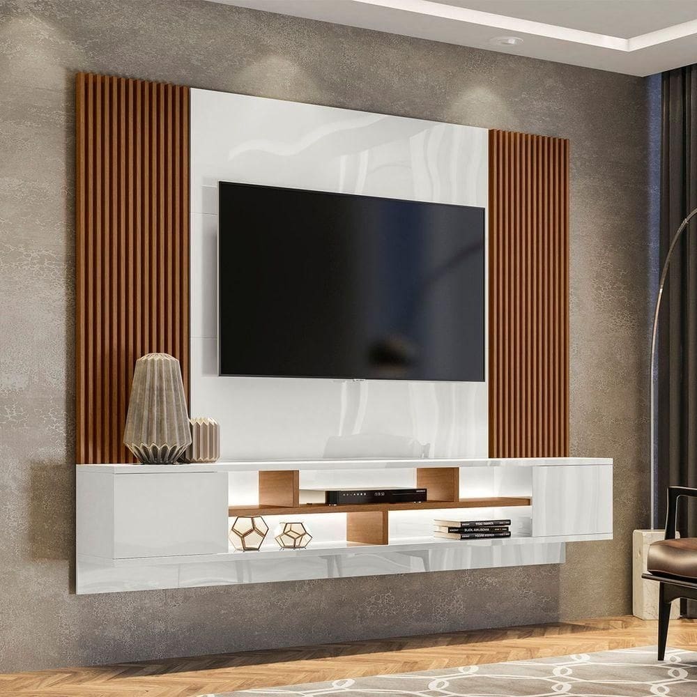 Rack Suspenso Lorena 2 Portas E Painel Lara C03 220 Cm- Adj Decor Cor Laca Off White/caramelo
