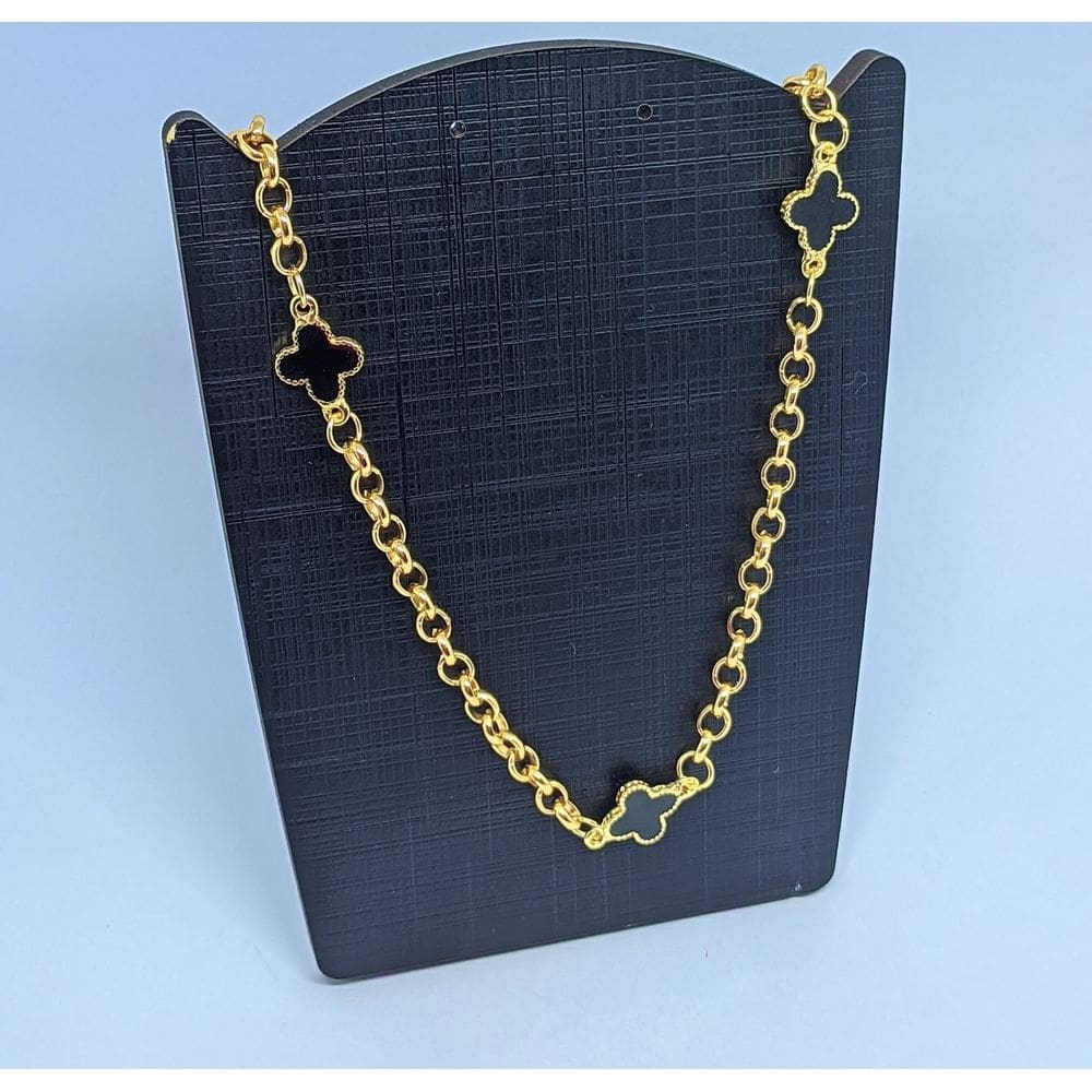 Colar Corrente elo Português Longo Trevo Preto Branco Folheado a Ouro Inspiração Blogueira Virginia Moda
