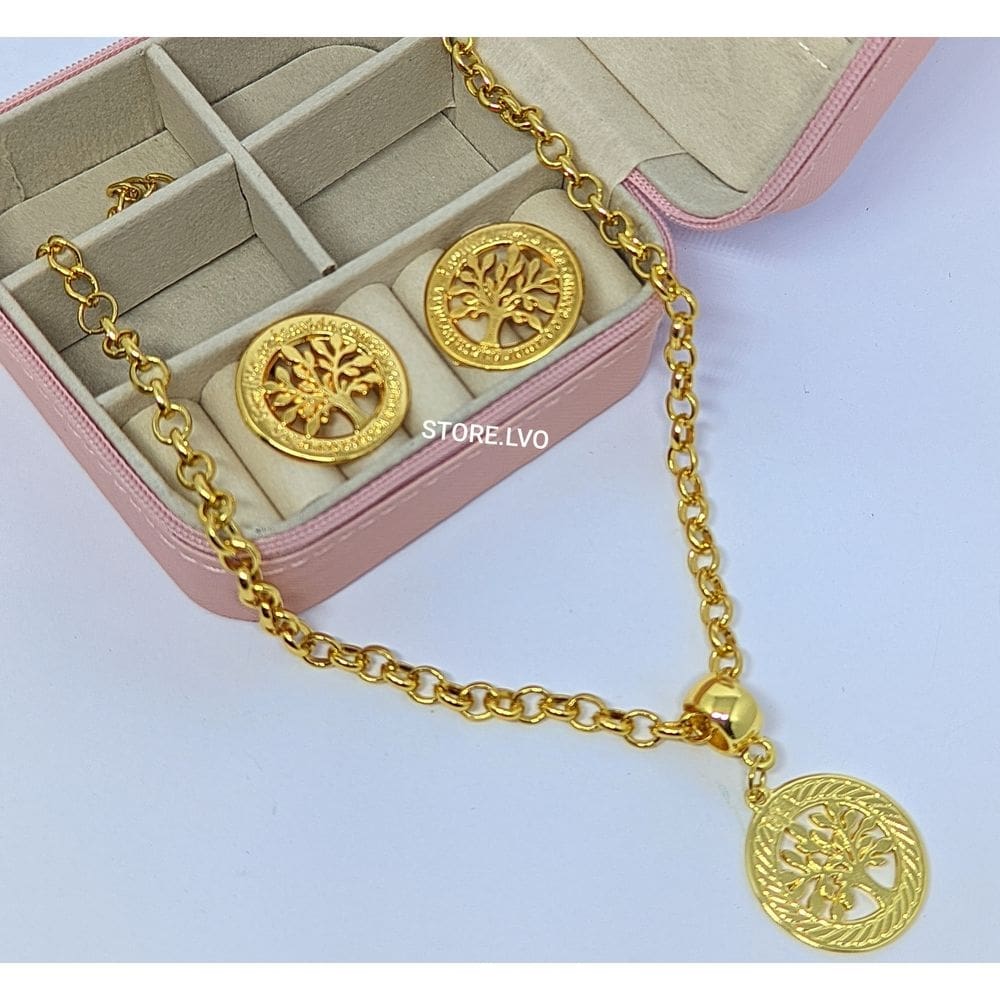 Kit Conjunto Colar e Brincos Feminino Corrente Elo Português Folheado Ouro com Pingente Medalha Árvore da Vida Moda
