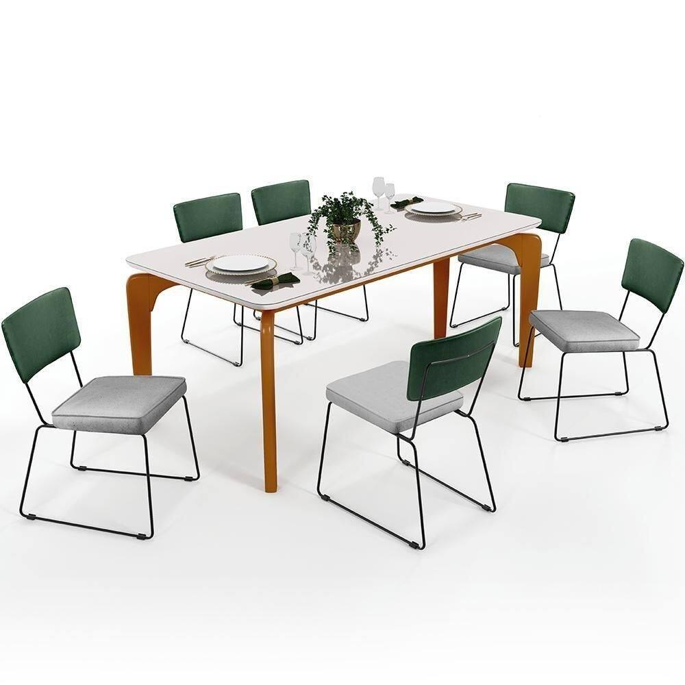 Mesa 160cm Off White E 6 Cadeiras Facto Verde Musgo Cinza