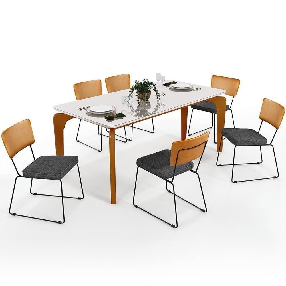 Mesa Capri 160cm Off White E 6 Cadeiras B05 WhiCinza Escuro