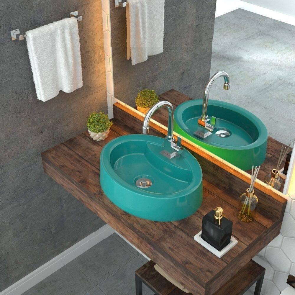 Kit Cuba OV43 com Torneira Luxo 1195 Metal e Válvula Click 1 Polegada B e Sifão Cromado e Flexível Compace Azul Turquesa