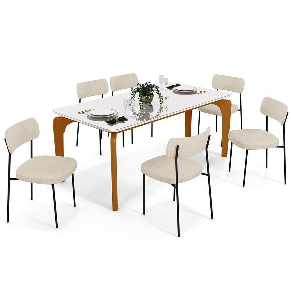 Mesa De Jantar 160cm Off White Nature Com 6 Cadeiras Bege