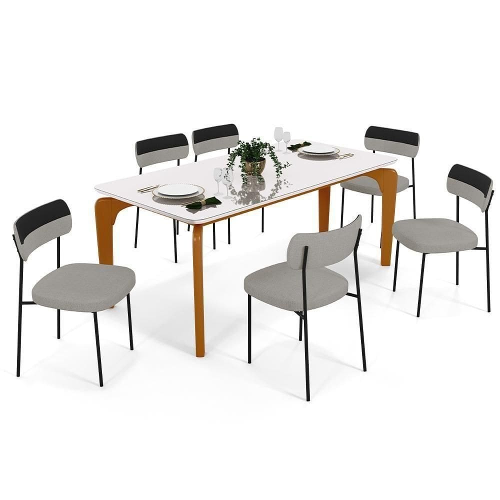 Mesa De Jantar Capri 160cm Off White 6 Cadeiras Cinza Preto