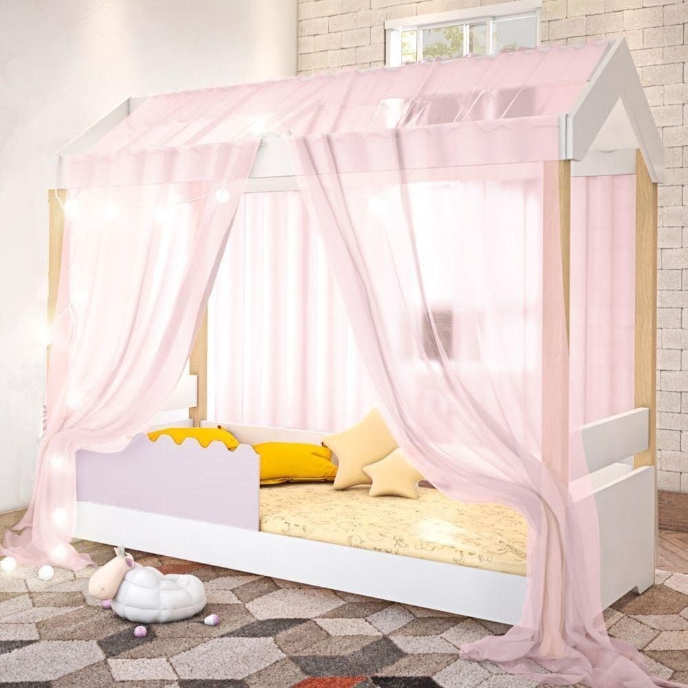 Cama De Solteiro Poppy Branco/rosê Com Voal Rosa E Led