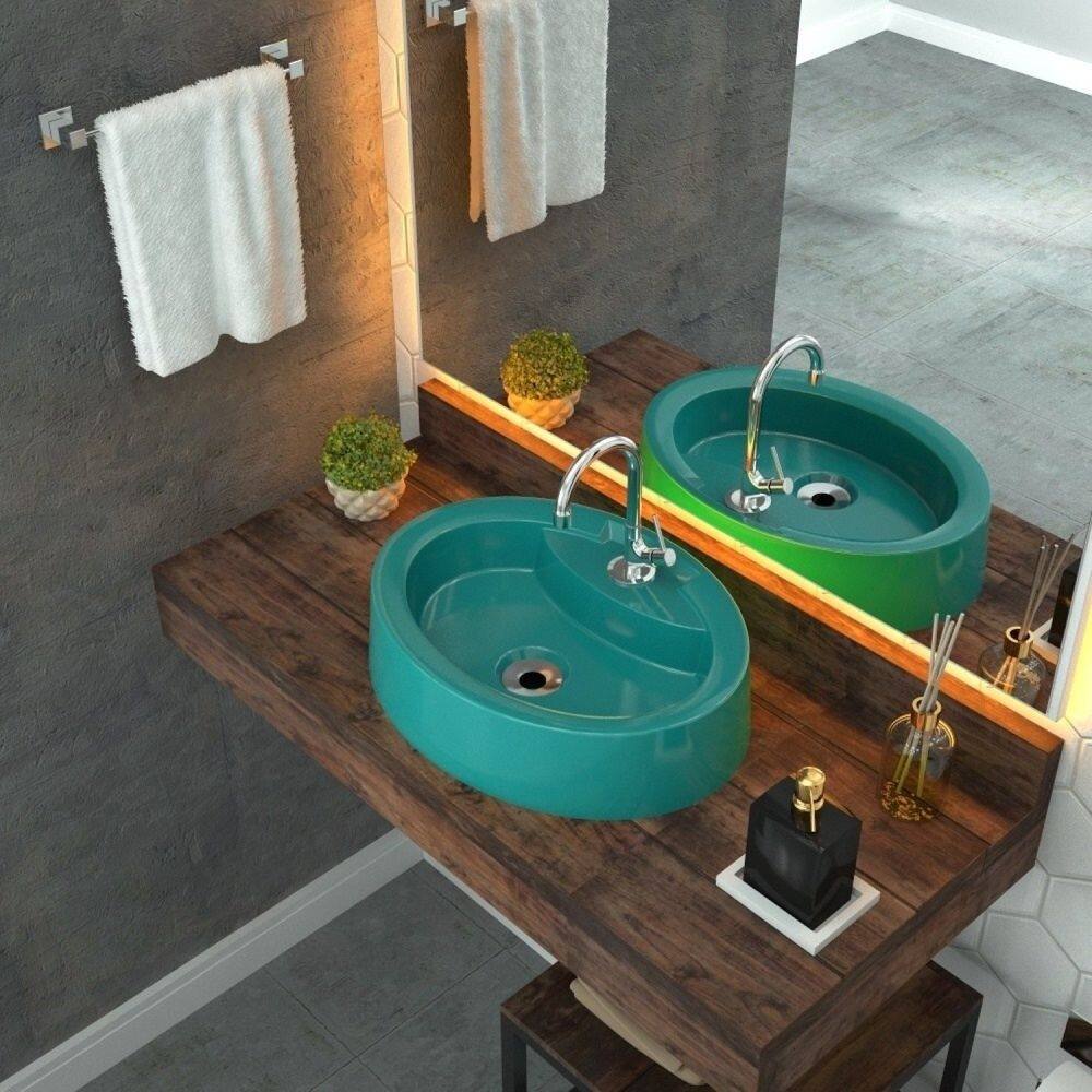 Kit Cuba OV43 com Torneira 1198 Metal e Válvula 1 Polegada e Sifão Cromado e Flexível Compace Azul Turquesa