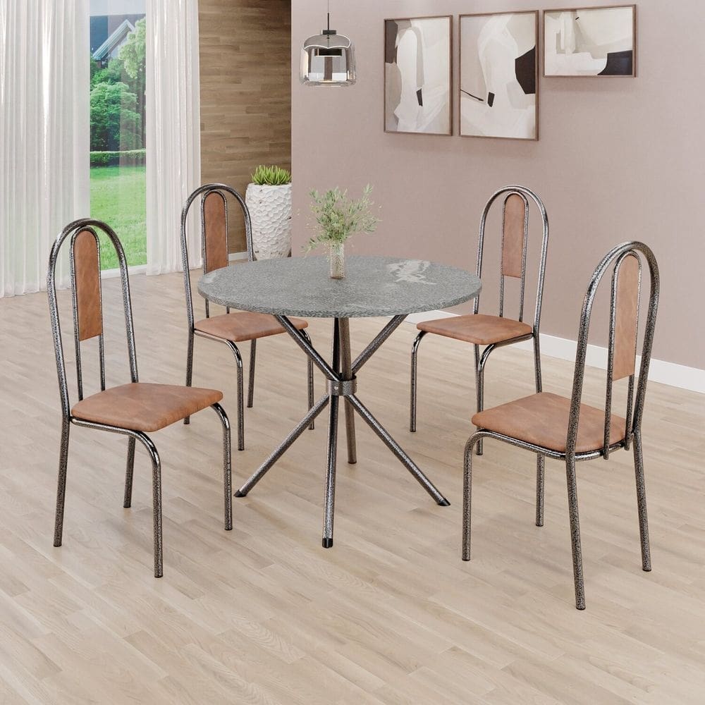 Conjunto Sala de Jantar Mesa Redonda 70cm Tampo Granito Topázio 4 Cadeiras Linda Yescasa Marrom/Prata