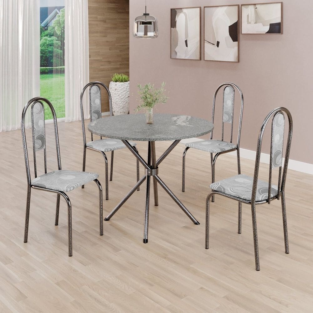 Conjunto Sala de Jantar Mesa Redonda 70cm Tampo Granito Topázio 4 Cadeiras Linda Yescasa Paraopeba/Prata