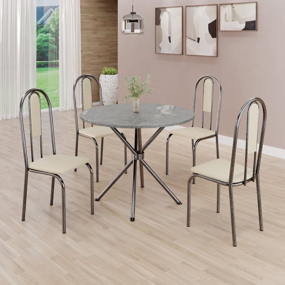 Conjunto Sala de Jantar Mesa Redonda 70cm Tampo Granito Topázio 4 Cadeiras Linda Yescasa Creme/Prata