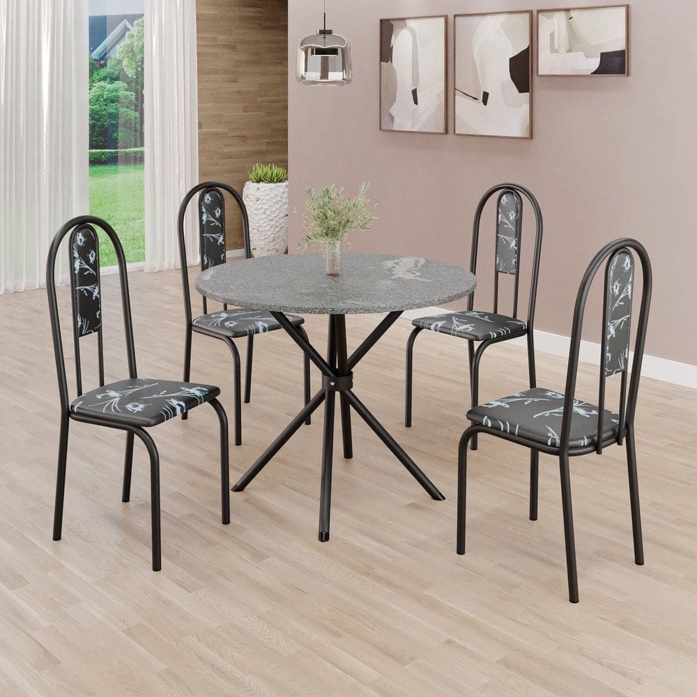 Conjunto Sala de Jantar Mesa Redonda 70cm Tampo Granito Topázio 4 Cadeiras Linda Yescasa Preto Floral/Preto Fosco