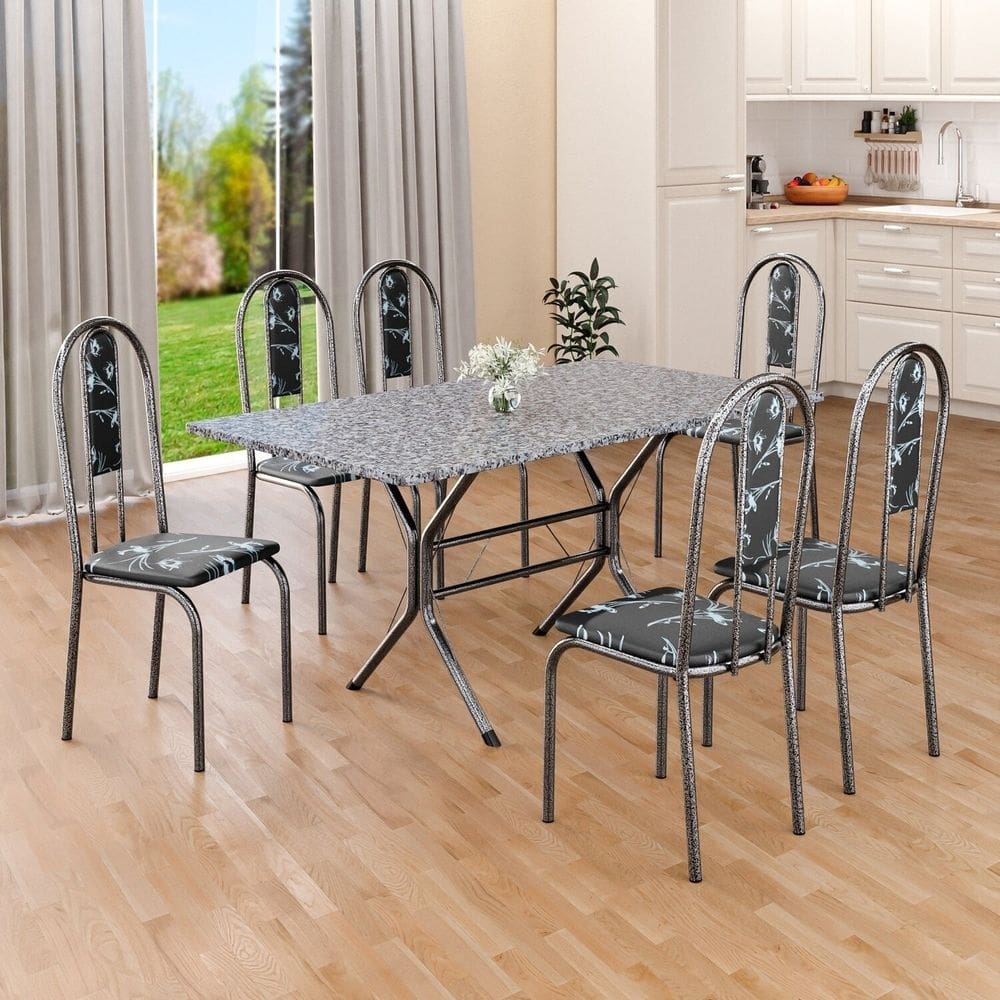 Conjunto Sala de Jantar Mesa Retangular 140x75cm Tampo Granito Ocre 6 Cadeiras Linda Yescasa Preto Floral/Prata