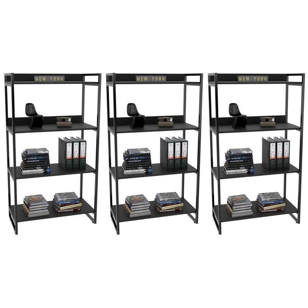 Kit 3 Estantes Livreiro Multiuso Prisma 80Cm 4 Prateleiras Preto Onix