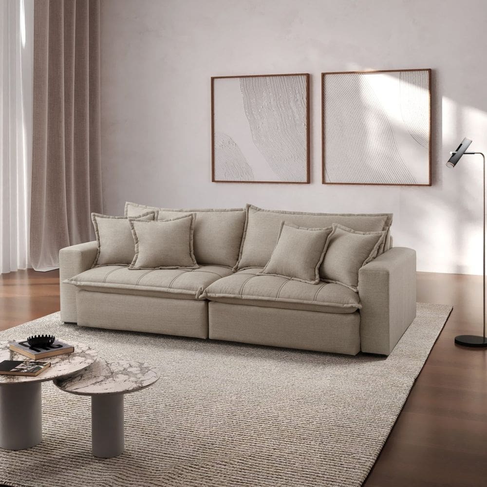 Sofá Cama Jupiter 3 Lugares Retrátil Reclinável 2,30m Linho com Molas Ensacadas Bege