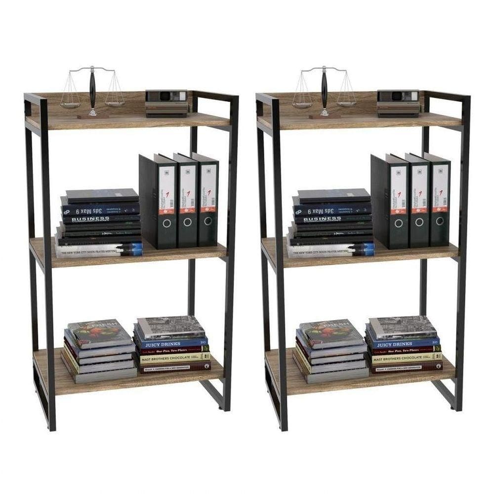 Kit 2 Estantes Livreiro Multiuso Prisma Estilo Industrial 60cm 3 Prateleiras C08 Carvalho