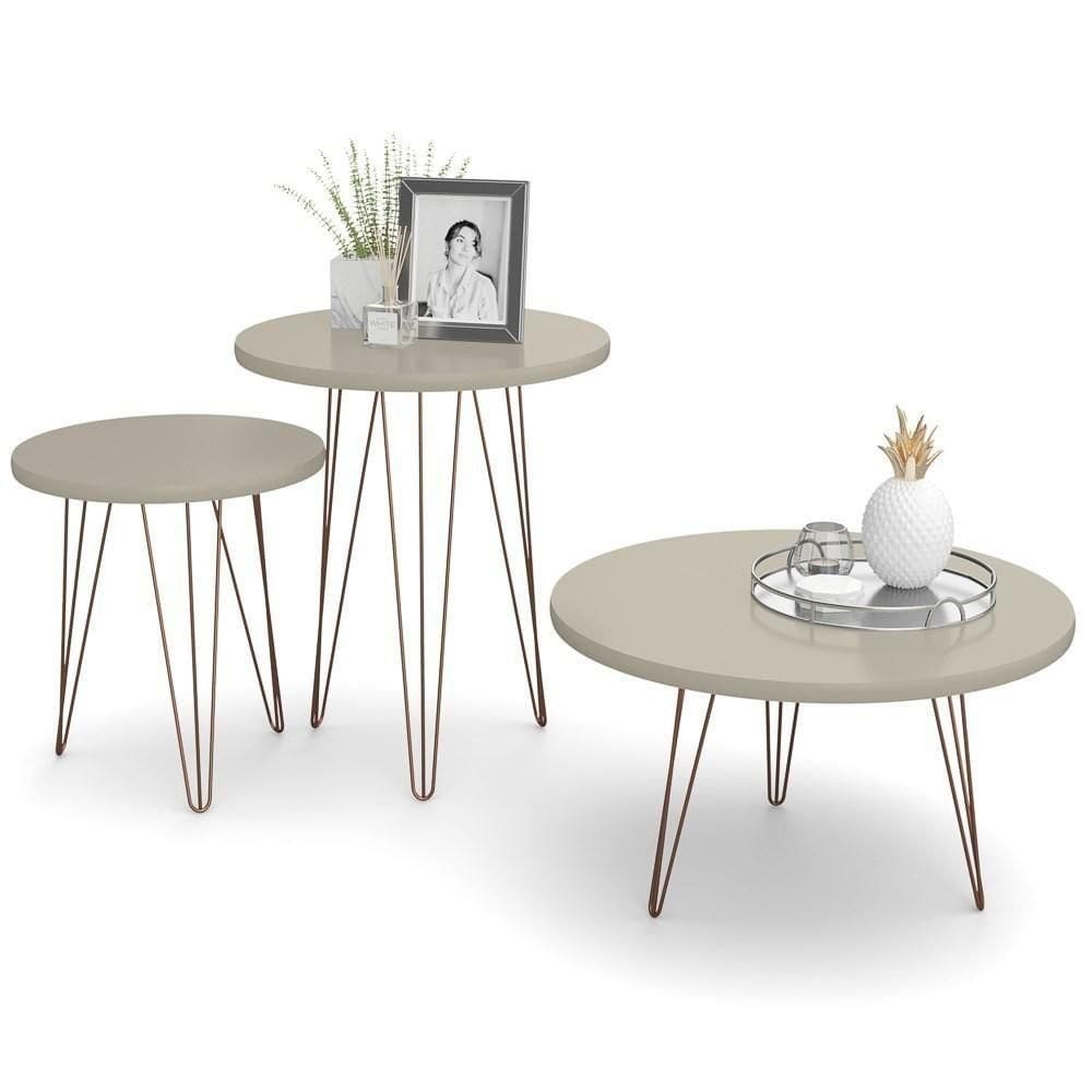 Conjunto Mesas De Centro Redondas Evolution Base Aço Off White