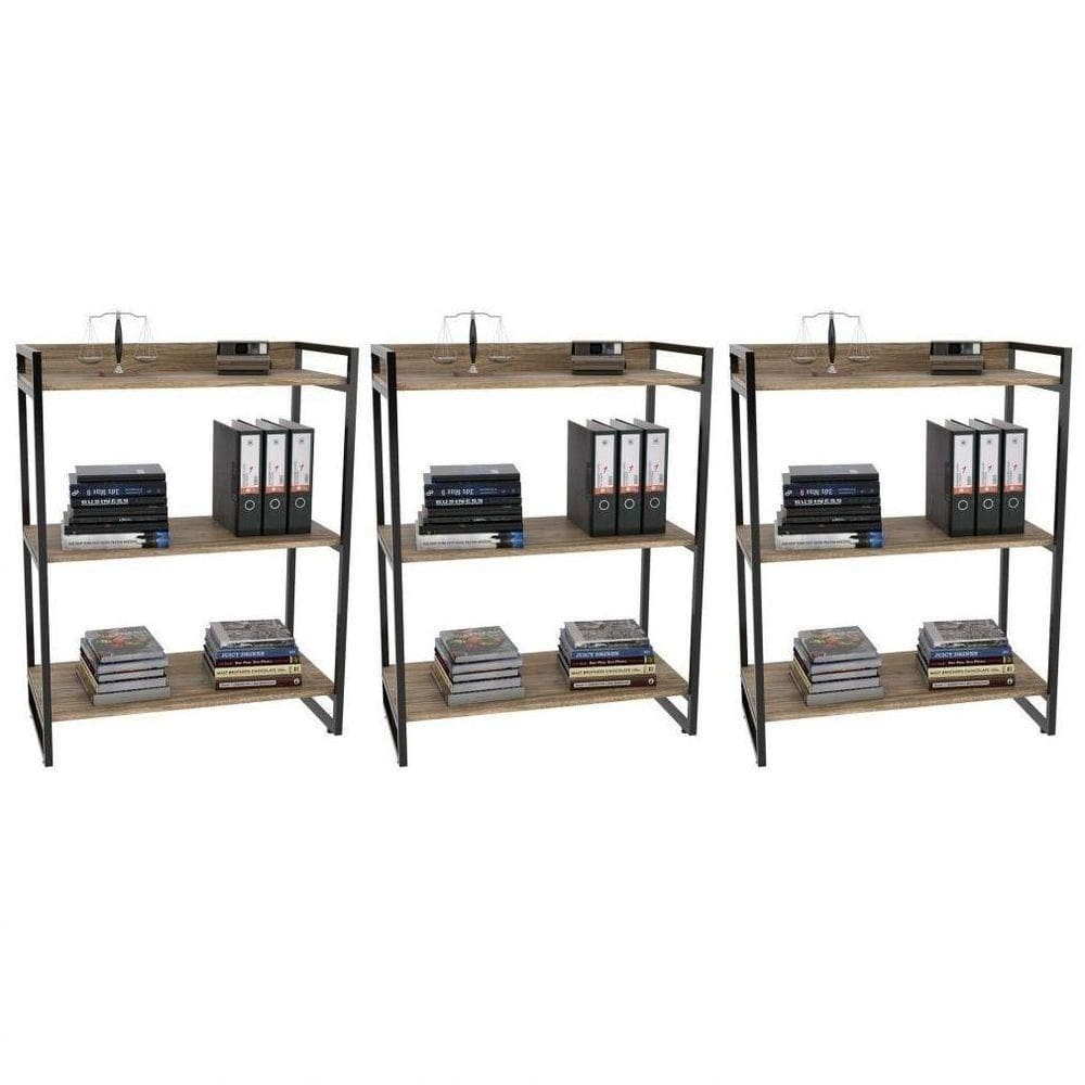 Kit 3 Estantes Livreiro Multiuso Prisma Estilo Industrial 80cm 3 Prateleiras C08 Carvalho