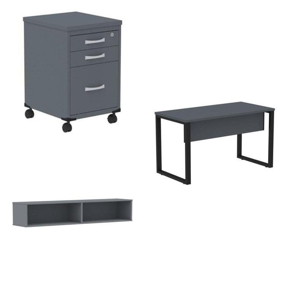 Conjunto Home Office Mesa, Gaveteiro e Prateleira Grafito