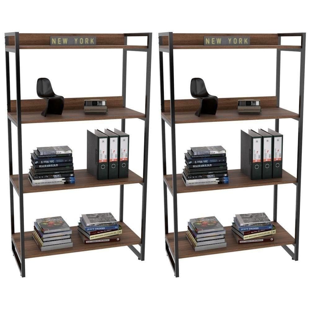 Kit 2 Estantes Livreiro 80Cm 4 Prateleiras Nogal