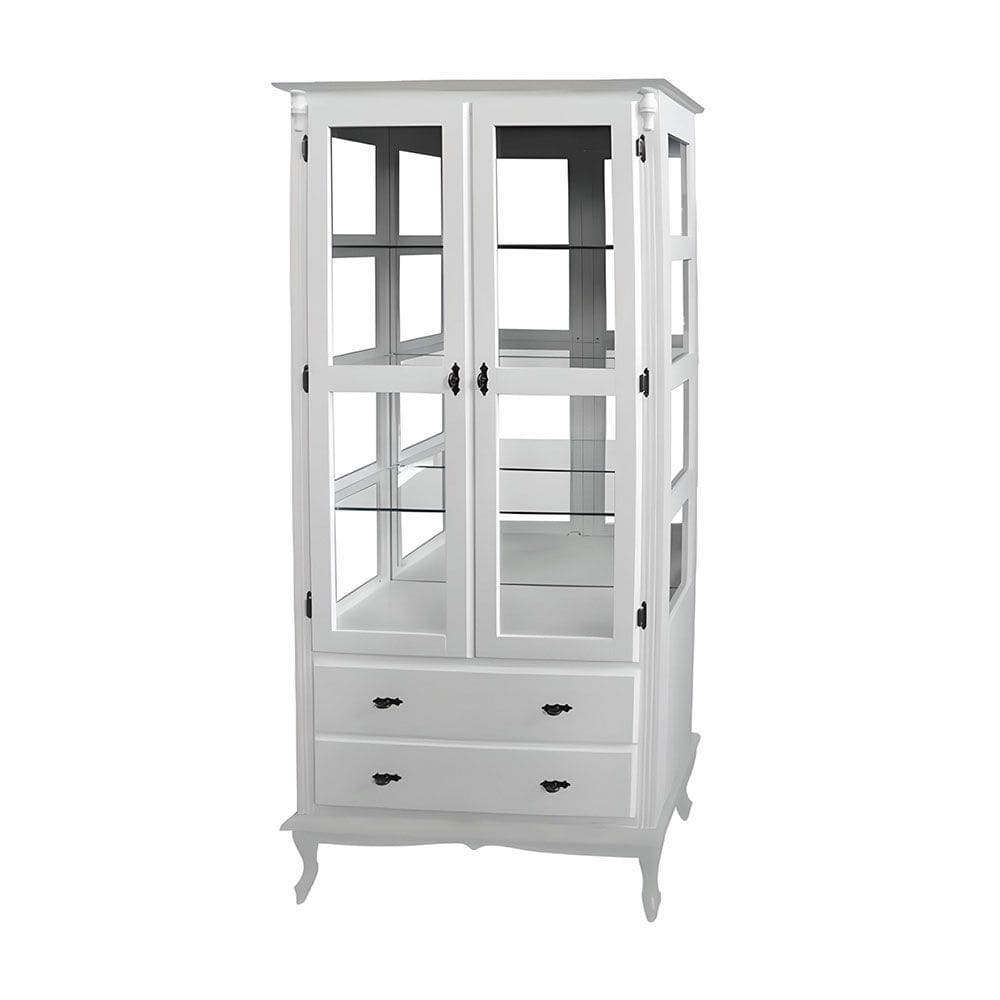 Cristaleira com Espelho 2 Portas 3 Prateleiras de Vidro 2 Gavetas Pés Luiz XV Sevilha-E- Laca Branca