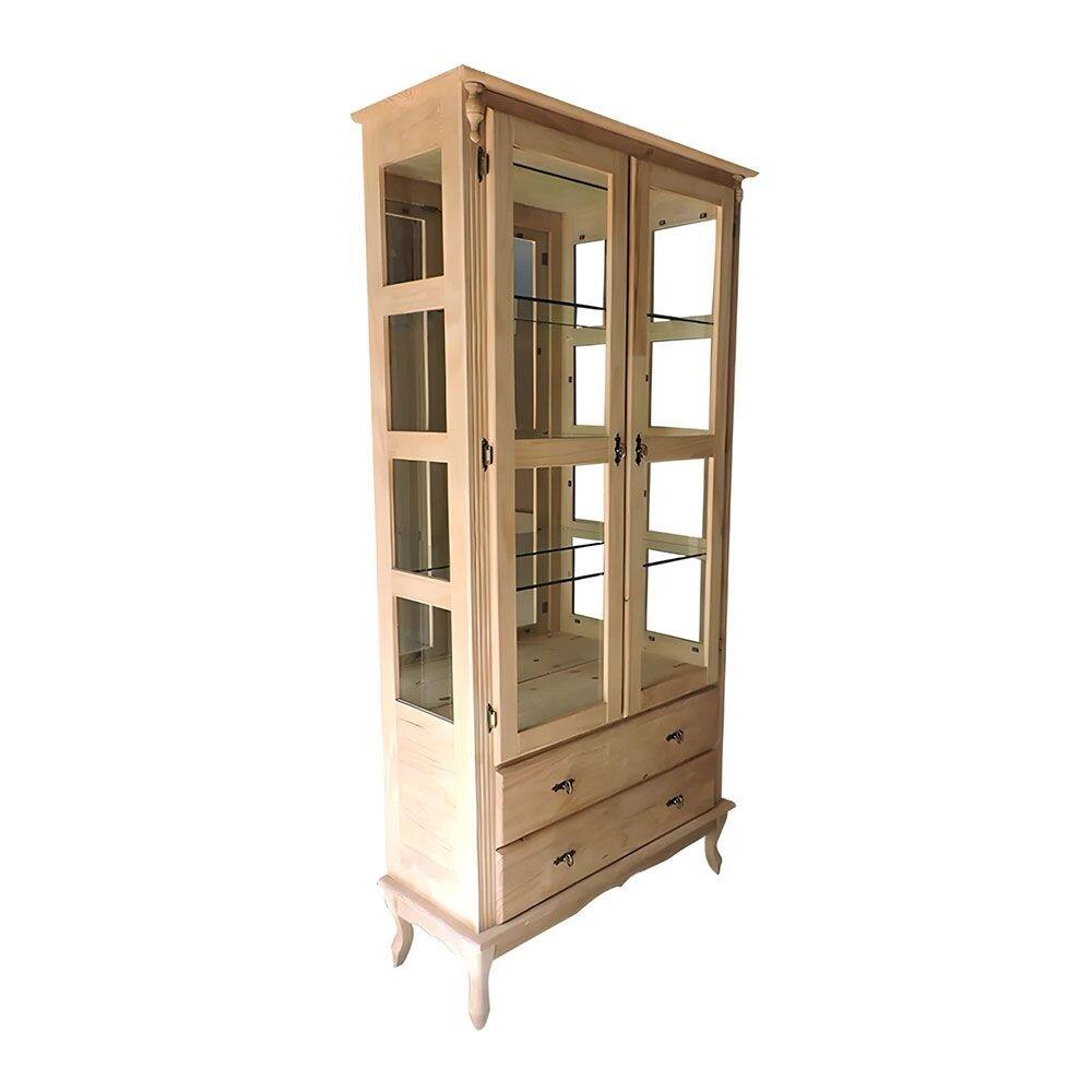 Cristaleira com Espelho 2 Portas 3 Prateleiras de Vidro 2 Gavetas Pés Luiz XV Sevilha -E- Cera Clara