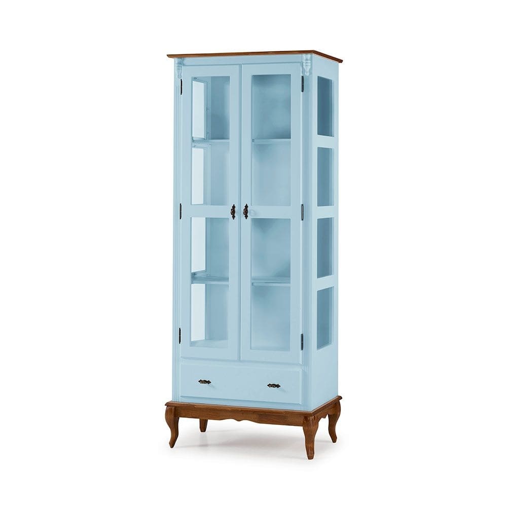 Cristaleira 2 Portas e Laterais em Vidro 1 Gaveta Pés Luis XV Sevilha - Azul Bebê/ Imbuia