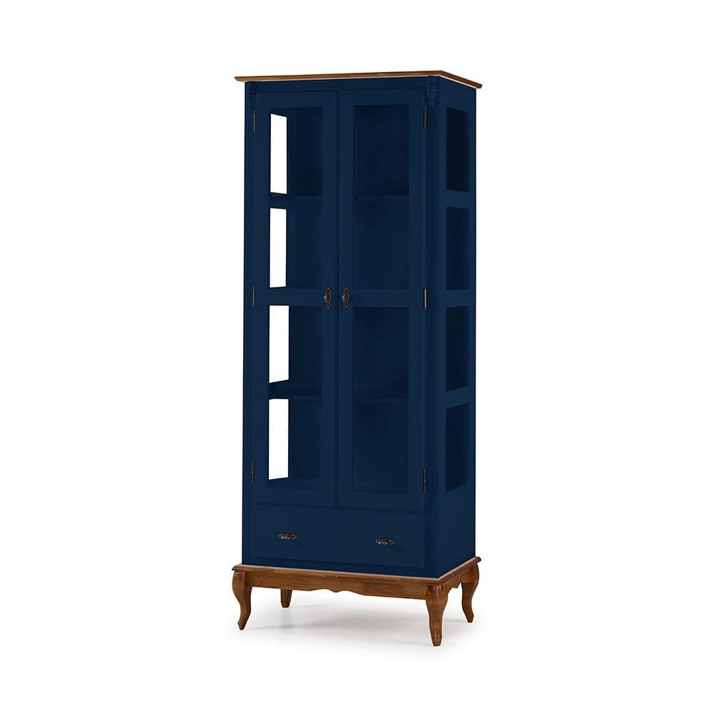 Cristaleira 2 Portas e Laterais em Vidro 1 Gaveta Pés Luis XV Sevilha - Laca Azul Bic / Imbuia