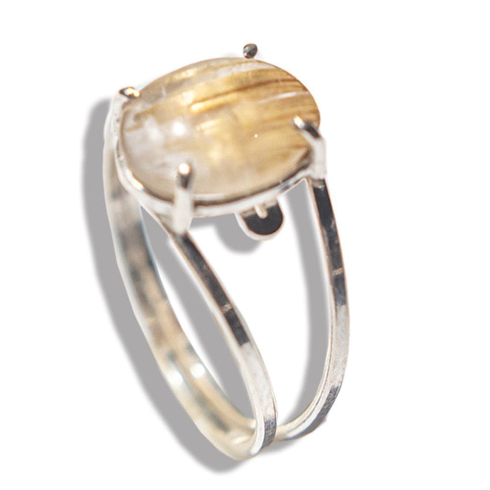 Anel Oval Pedra Rutilo no Quartzo 10mm Prata 950 Ajustável