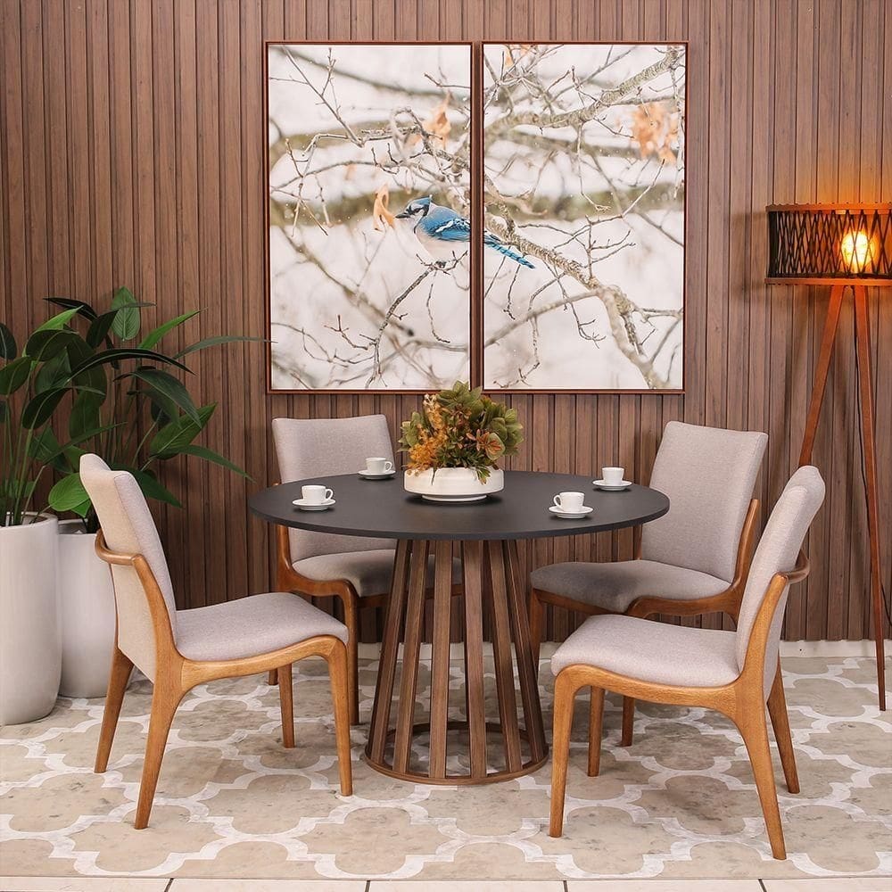 Kit Mesa De Jantar Redonda 120cm Gabi Preto/noronha Com 4 Cadeiras Garbo Cinza Claro