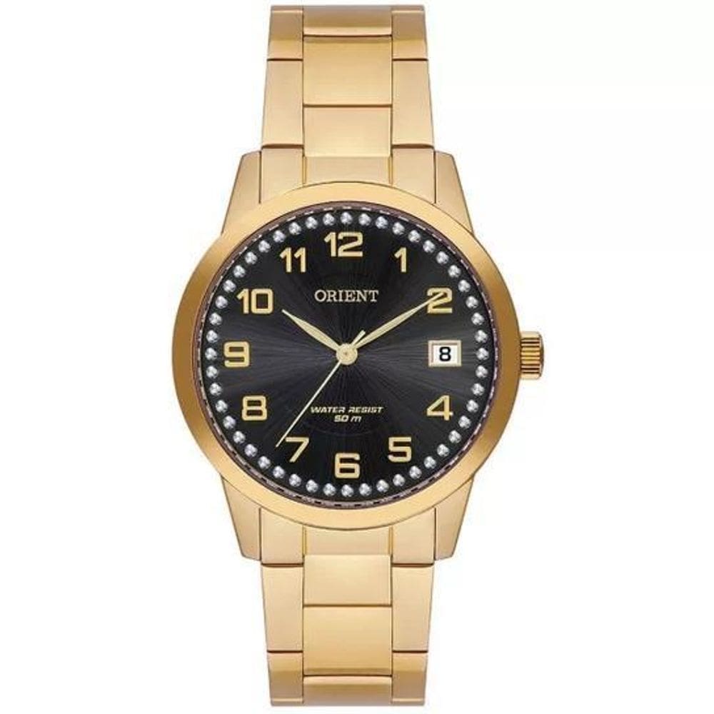 Relógio feminino dourado orient strass com data +