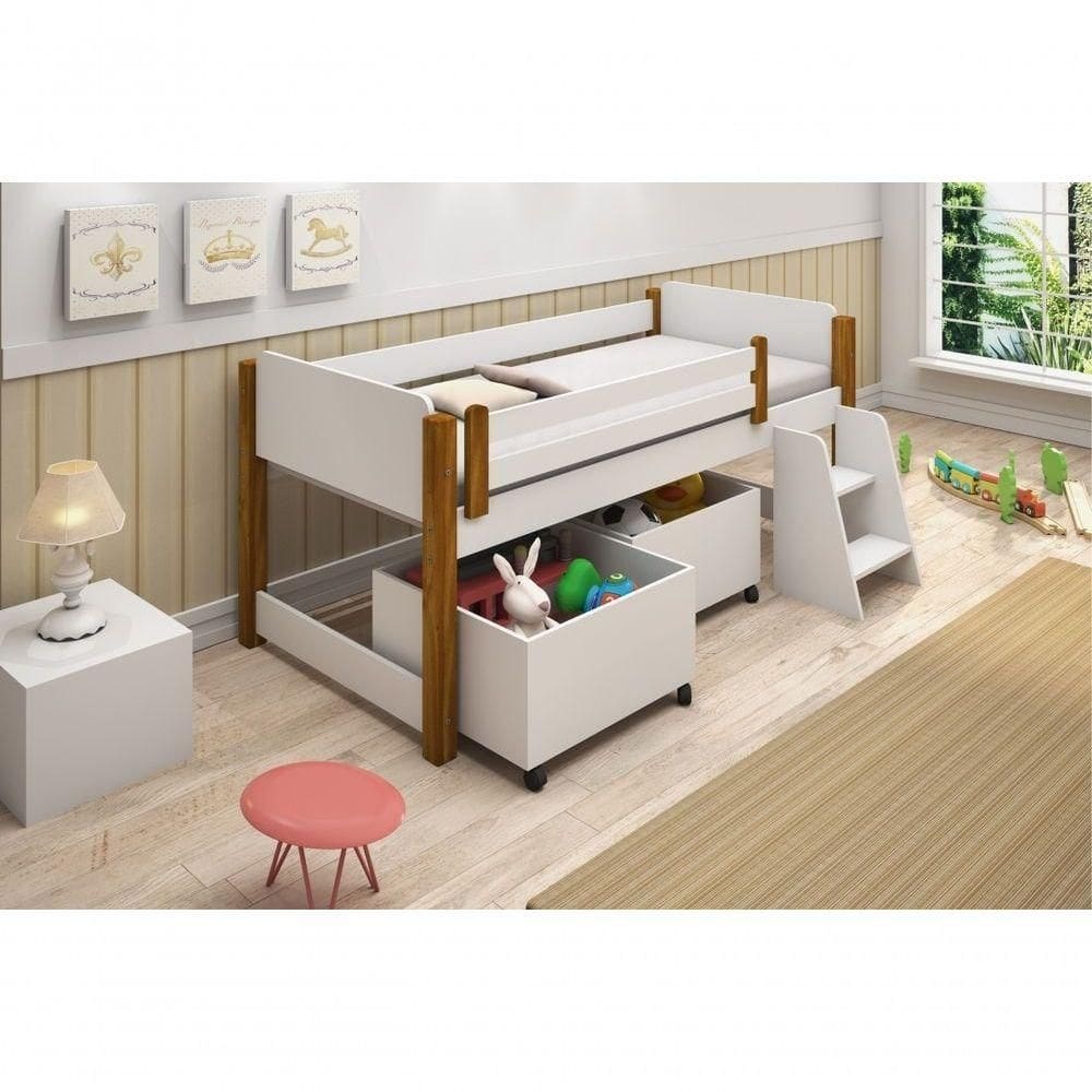 Cama Infantil Com Nichos Para Brinquedos E Colchão