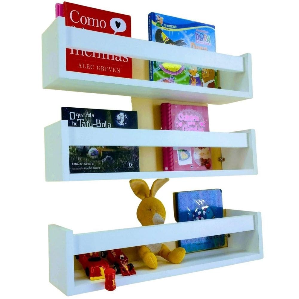 Prateleira para colocar livros nicho mdf branco 3peças 55 cm
