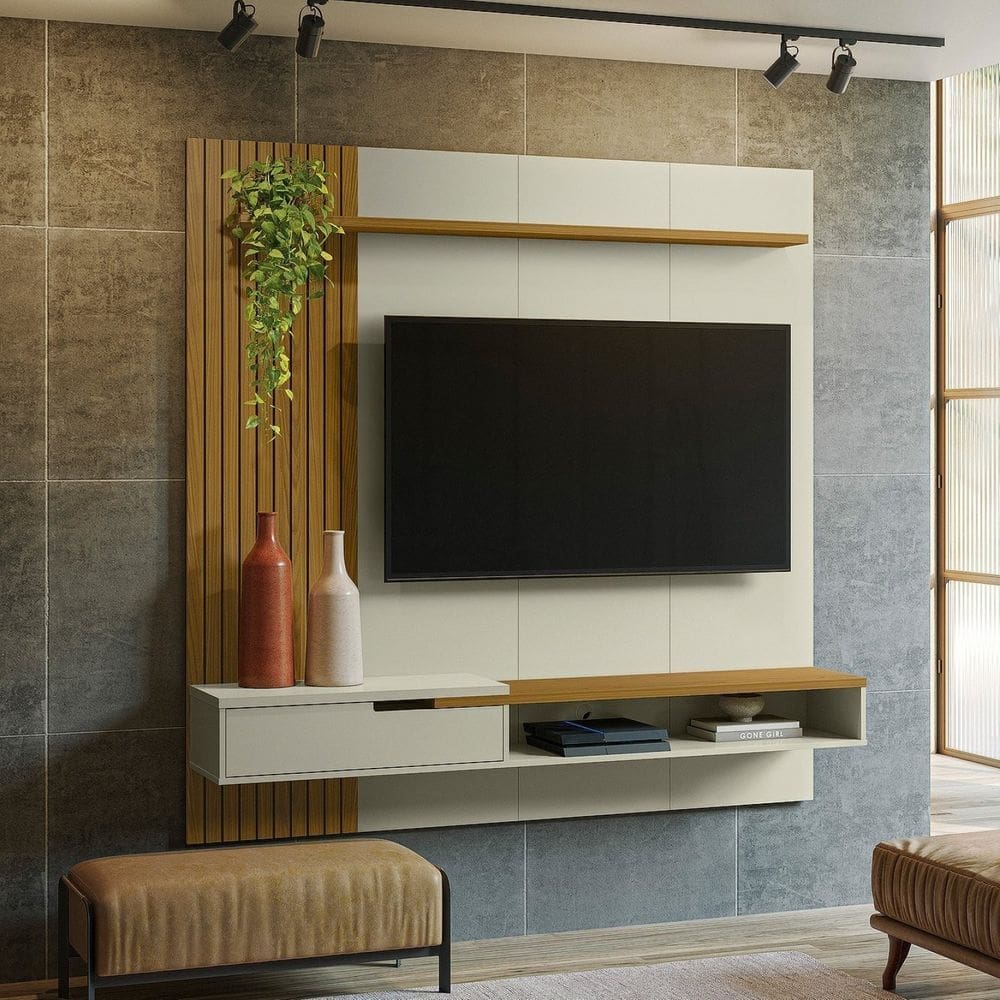 Painel para Tv até 65 Polegadas Ripado Frizz Decor Off white ac/ cedro frj ac