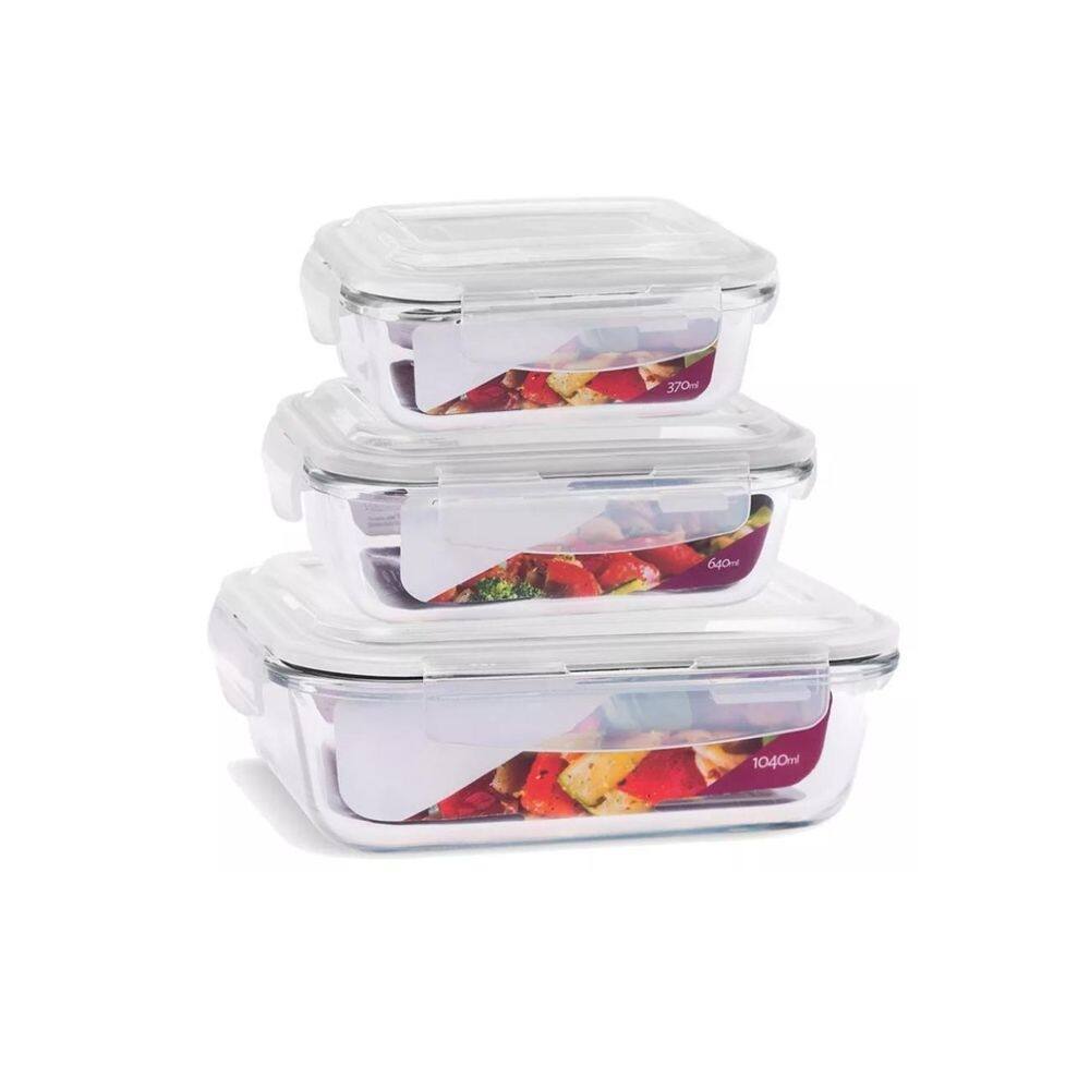 Kit 3 potes vidro hermético marmita fitness 370 640 1040 ml