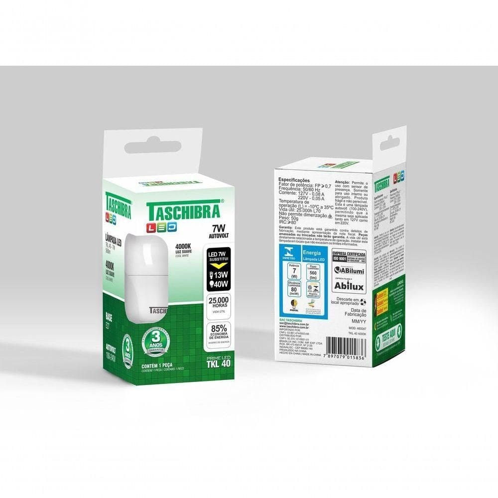 Lâmpada Led Bulbo Tkl 7w Taschibra E27 Bivolt 4000k Luz Neutra