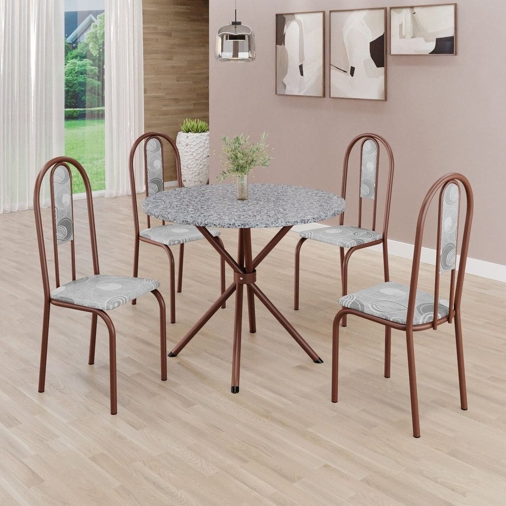 Conjunto Sala de Jantar Mesa Redonda 75cm Tampo Granito Ocre 4 Cadeiras Linda Yescasa Paraopeba/Marrom