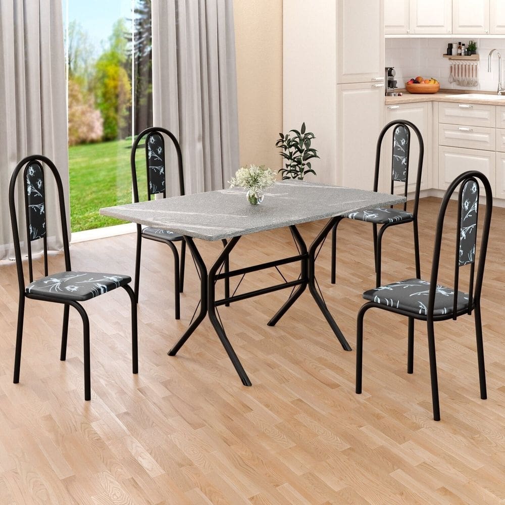 Conjunto Sala de Jantar Mesa Retangular 100x60cm Tampo Granito Topázio 4 Cadeiras Linda Yescasa Preto Floral/Preto Fosco