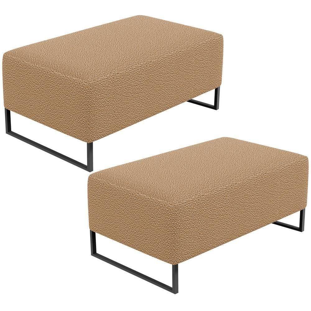 Kit 02 Puffs Decorativo Sala De Estar Cléo 90Cm Base De Ferro Preto W01 Bouclê Mostarda