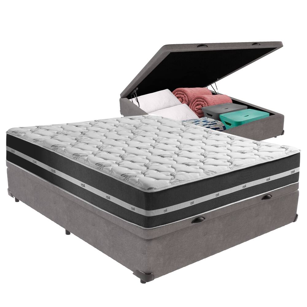 Cama Box Casal Preto com Base Baú Cinza Classic Anjos