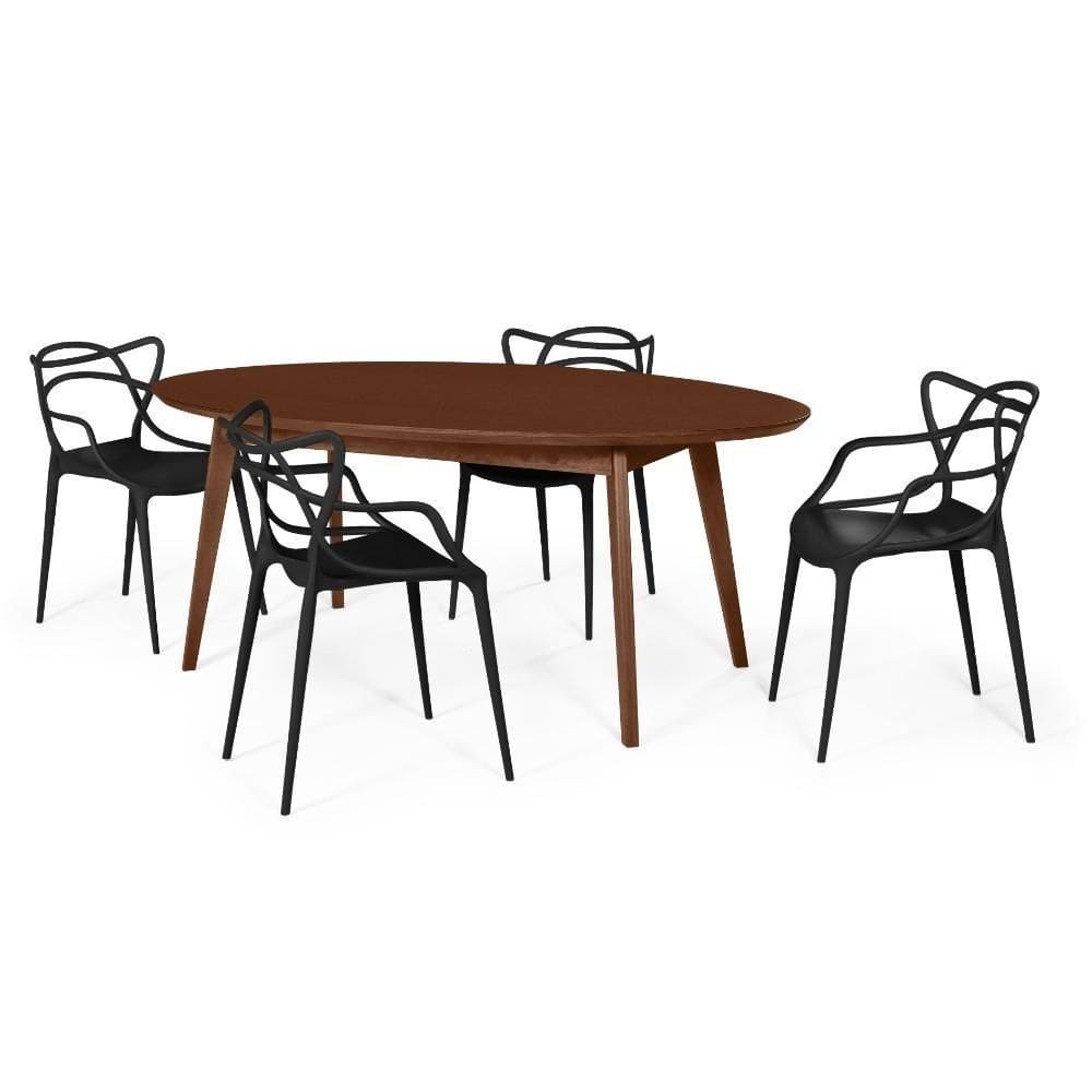 Conjunto Mesa De Jantar Oval Vértice Nozes 190Cm Com 4 Cadeiras Allegra - Preto