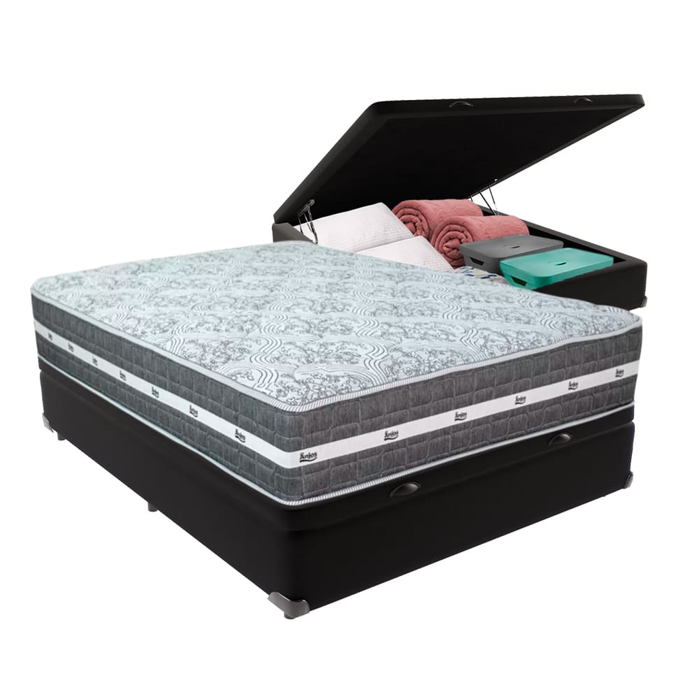 Cama Box com Baú Preto e Colchão Casal Black Grafit Anjos